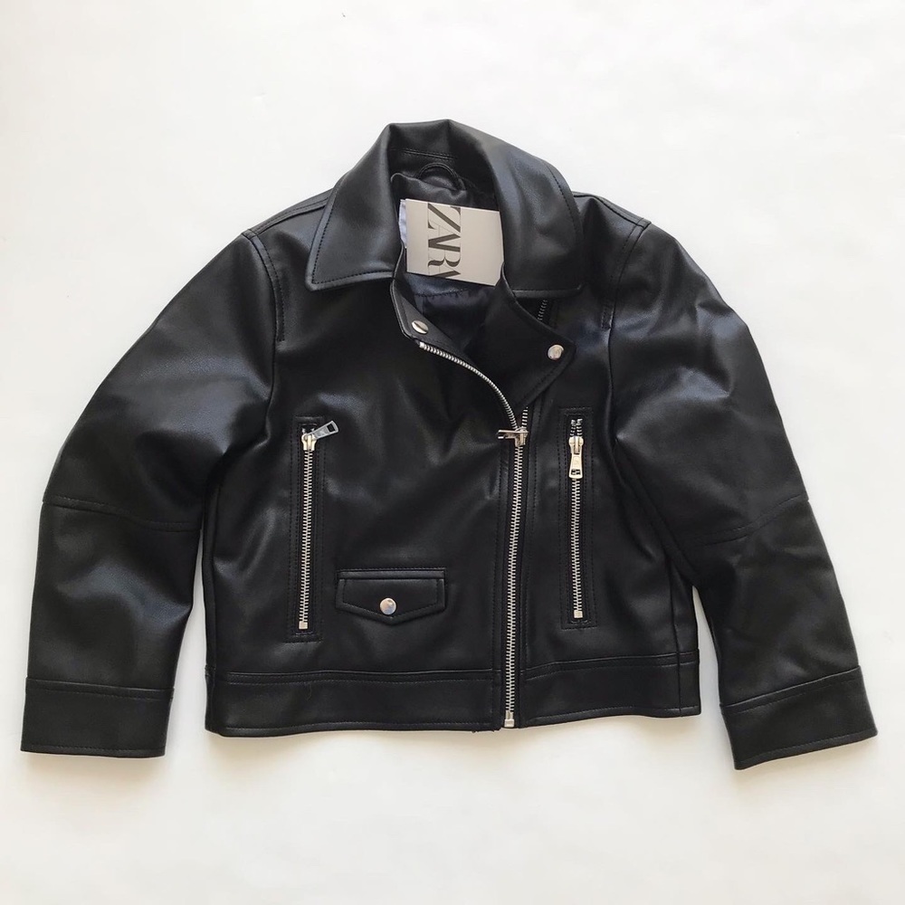 Zara NWT black faux leather biker jacket 6Y